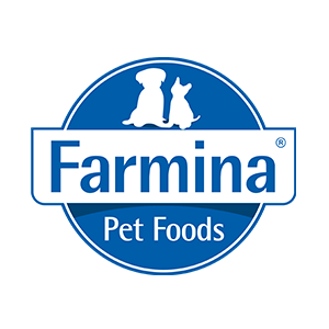 Logo blu della Farmina Pet Foods con sagome bianche di un cane e di un gatto su un cerchio blu.
