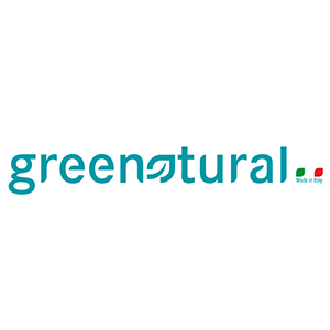 Logo Greenatural con testo color verde acqua, simbolo a forma di foglia e grafica