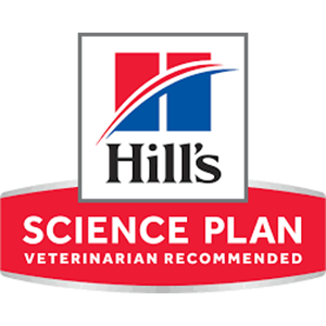 Logo di Hill's Science Plan: grafico quadrato rosso e blu con linee curve su sfondo bianco; testo bianco su sfondo rosso.