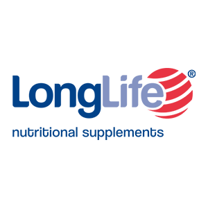 Logo per gli integratori alimentari LongLife. Il testo è blu scuro. Accanto al testo è presente il simbolo di un globo a strisce rosse e bianche.