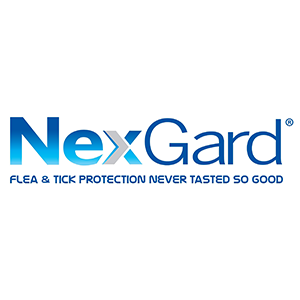 Logo NexGard con testo blu e bianco, slogan: La protezione da pulci e zecche non è mai stata così buona.
