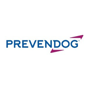 Logo per PREVENDOG, testo blu con due frecce viola che puntano verso destra e il simbolo del marchio registrato.