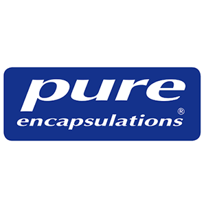 Logo per gli integratori Pure Encapsulations. Testo bianco su sfondo rettangolare blu.