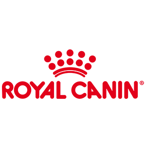 Logo rosso Royal Canin con icona a corona e testo su sfondo bianco.