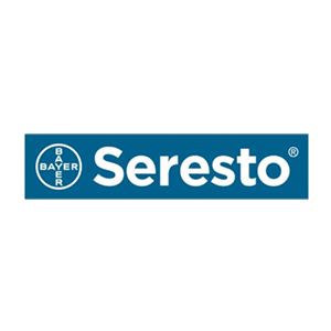 Logo Seresto: rettangolo blu con logo Bayer, testo bianco 