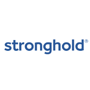 Logo Stronghold, testo blu su sfondo bianco.