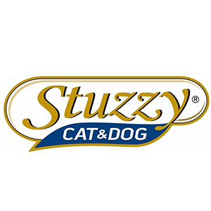 Logo del cibo per cani e gatti Stuzzy: testo dorato su un ovale bianco e blu, con bordo bianco e oro.