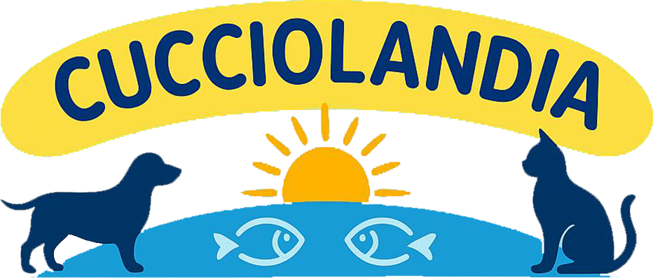 Logo per Cucciolandia: cane, gatto, sole e pesce su sfondo blu e giallo.