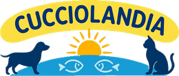 Logo del negozio di animali Cucciolandia, raffigurante la sagoma di un cane e di un gatto, un sole, un pesce e il nome in un arco giallo.