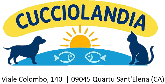 Logo del negozio di animali Cucciolandia, raffigurante la sagoma di un cane e di un gatto, un sole, un pesce e il nome in un arco giallo.