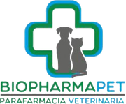 Logo per Biopharmapet: sagome di cane e gatto all'interno di una croce blu e verde, con il testo 