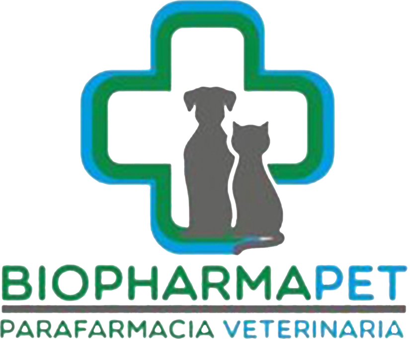 Logo per Biopharmapet: sagome di cane e gatto all'interno di una croce blu e verde, con il testo 