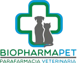 Logo per Biopharmapet: sagome di cane e gatto all'interno di una croce blu e verde, con il testo 
