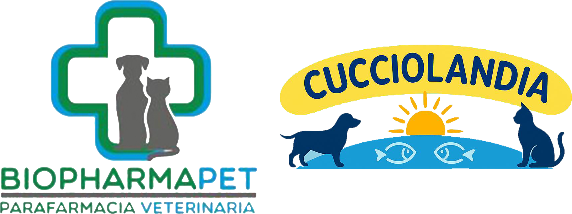 Logo per Biopharmapet: croce verde con silhouette di cane e gatto, testo verde/blu.