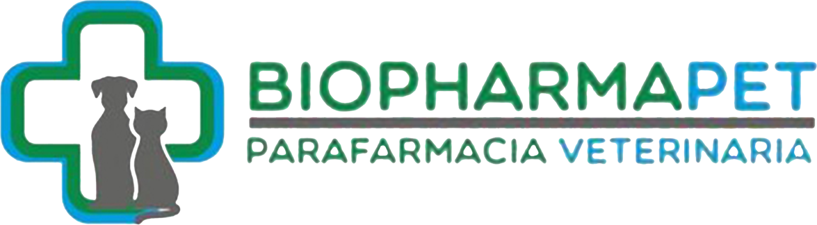 Logo per Biopharmapet: croce verde con silhouette di cane e gatto, testo verde/blu.