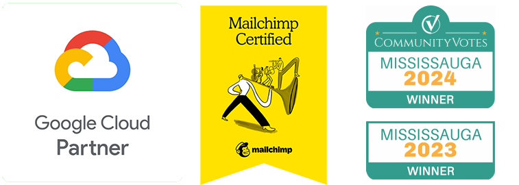 A google cloud partner badge , a mailchimp certified badge , and a mississauga winner badge.