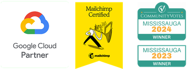 A google cloud partner badge , a mailchimp certified badge , and a mississauga winner badge.