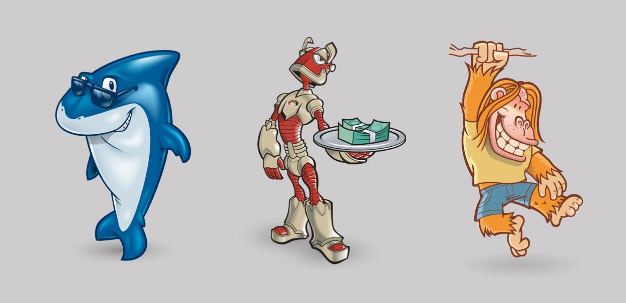 Three cartoon characters are standing next to each other on a gray background.