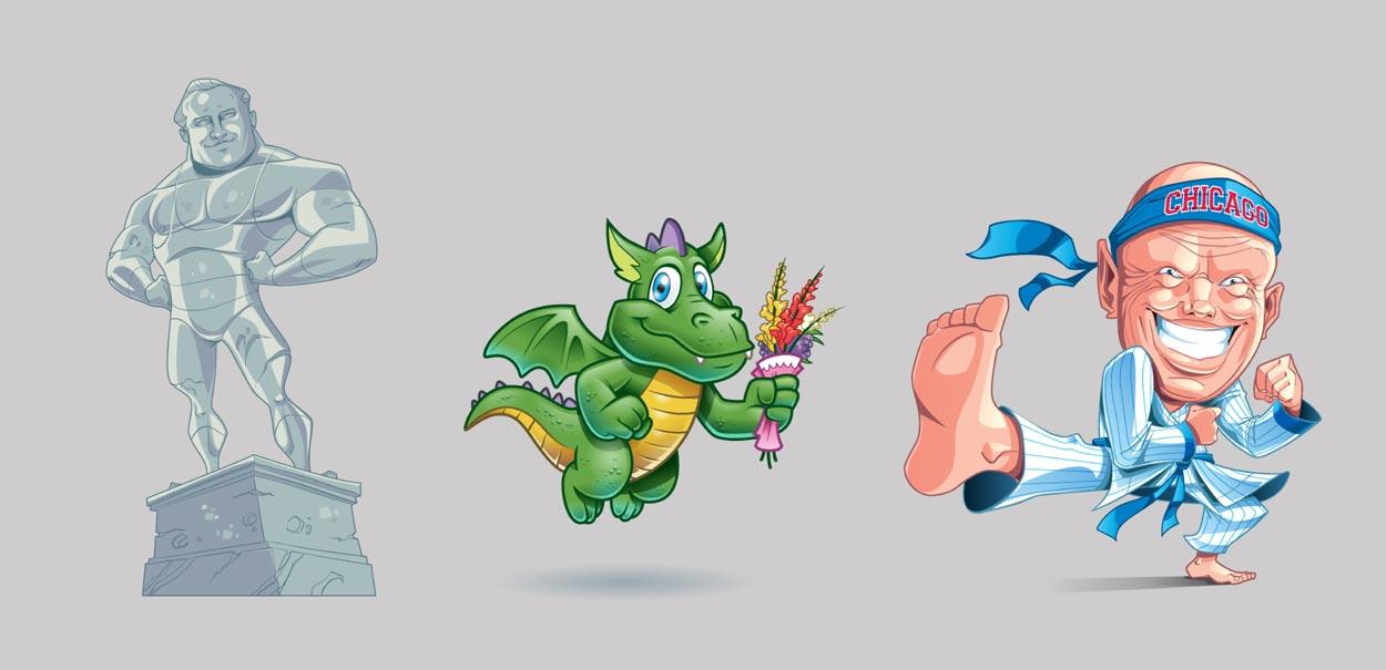 A statue of a man , a dragon , and a karate man.