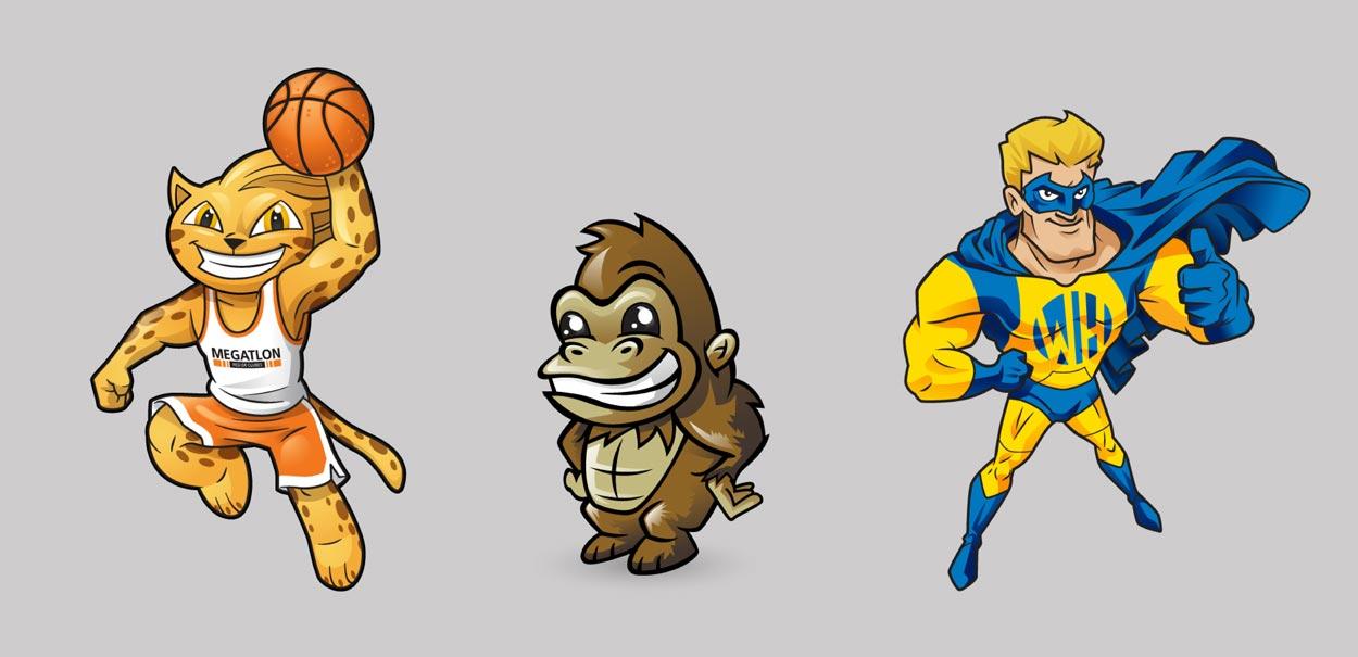 A cheetah is playing basketball a gorilla is playing basketball and a superhero is playing basketball.