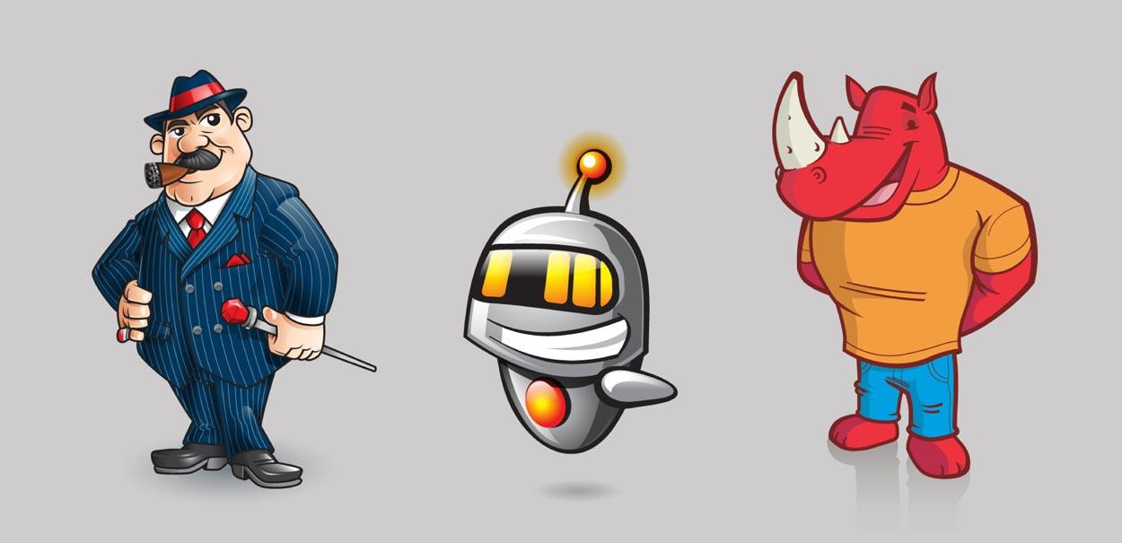Three cartoon characters are standing next to each other on a gray background.