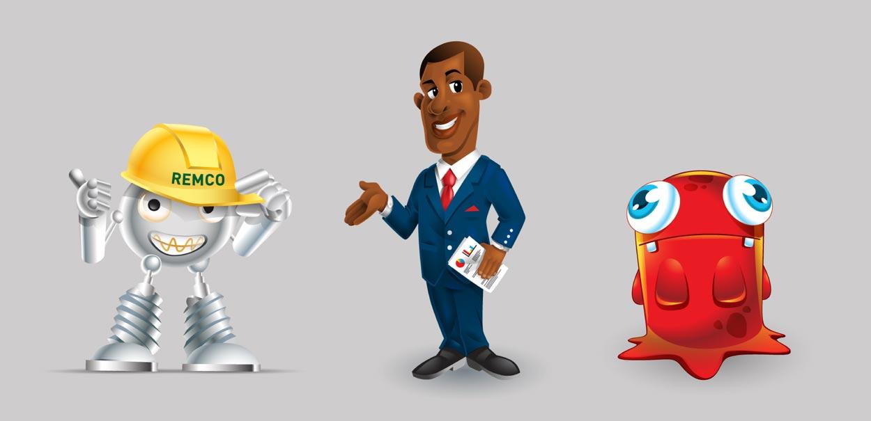 A man in a suit and tie is standing next to a robot and a red monster.
