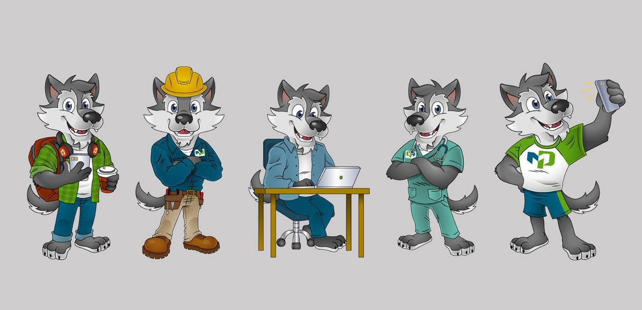 A group of cartoon wolves are standing next to each other in different poses.