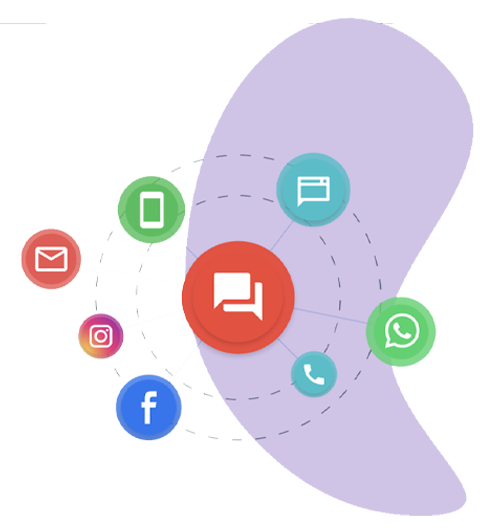 A purple circle with various social media icons around it
