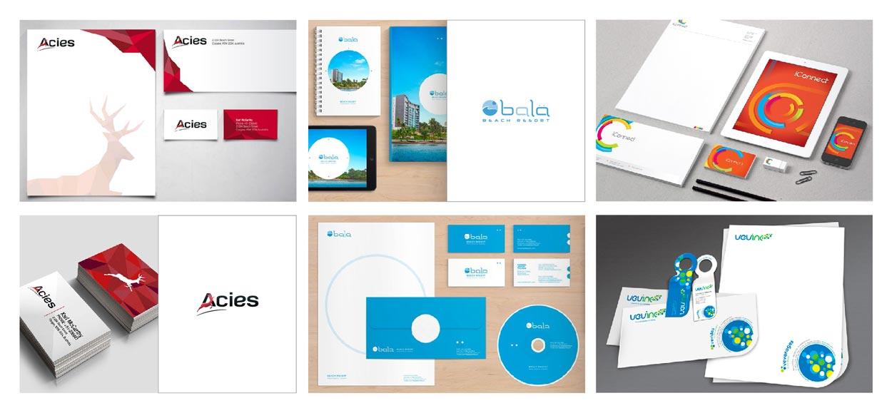 A collage of different types of business cards and stationery