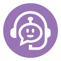 A purple circle with a white icon of a robot with headphones and a speech bubble.