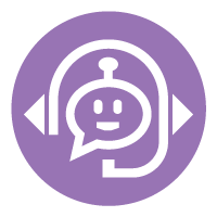 A purple circle with a white icon of a robot with headphones and a speech bubble.