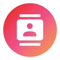 Pink-orange circular icon with a white ID card and user silhouette
