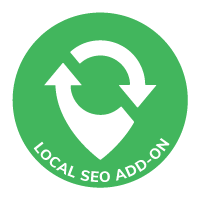 A green circle with two white arrows and the words local seo add-on