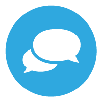 Two speech bubbles in a blue circle on a white background.