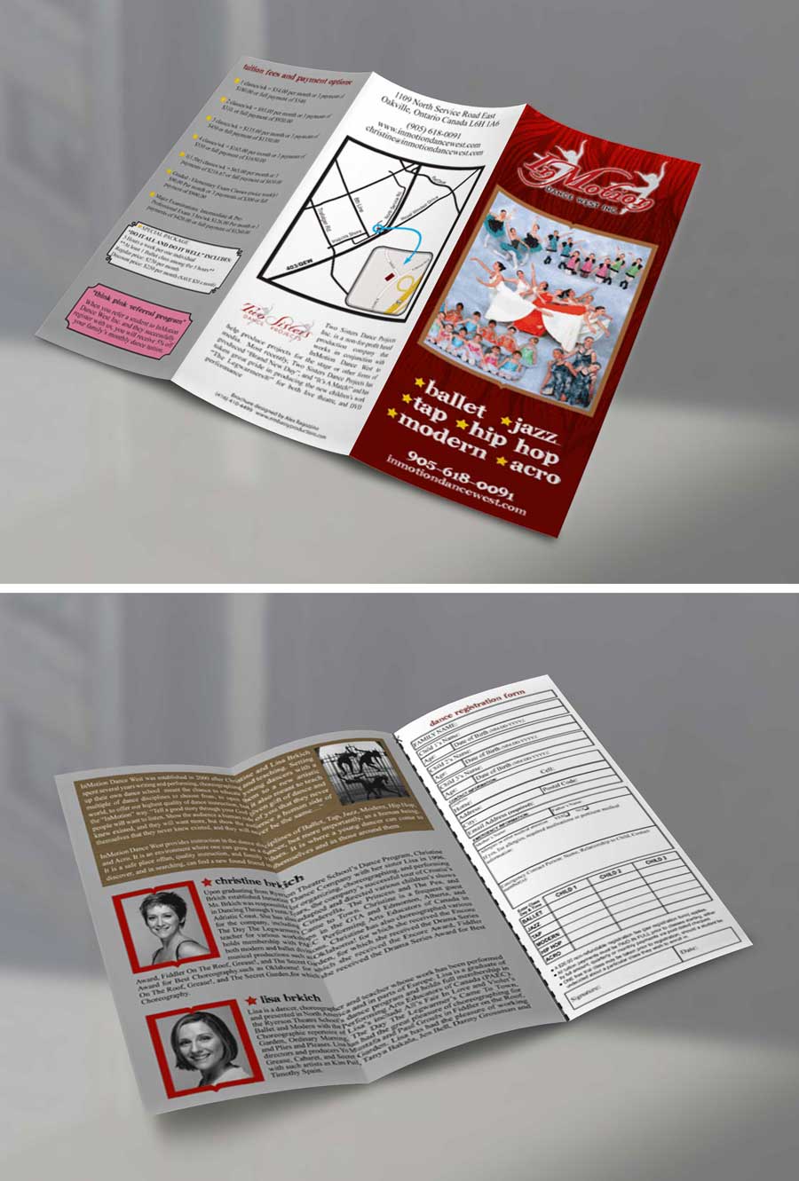 A brochure is open and closed on a table.