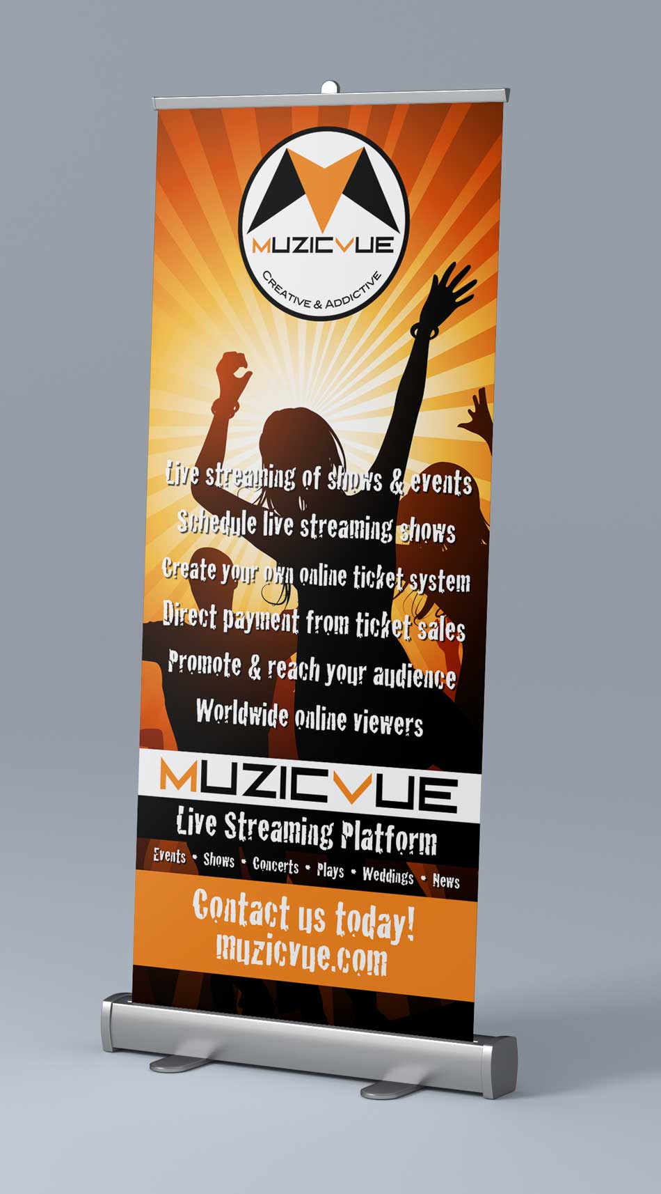 A roll up banner with a silhouette of a person on it