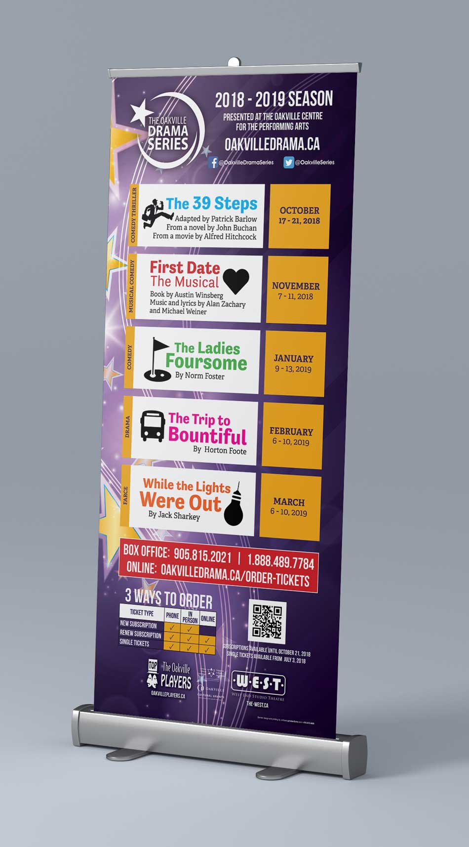 A roll up banner with a purple and yellow background