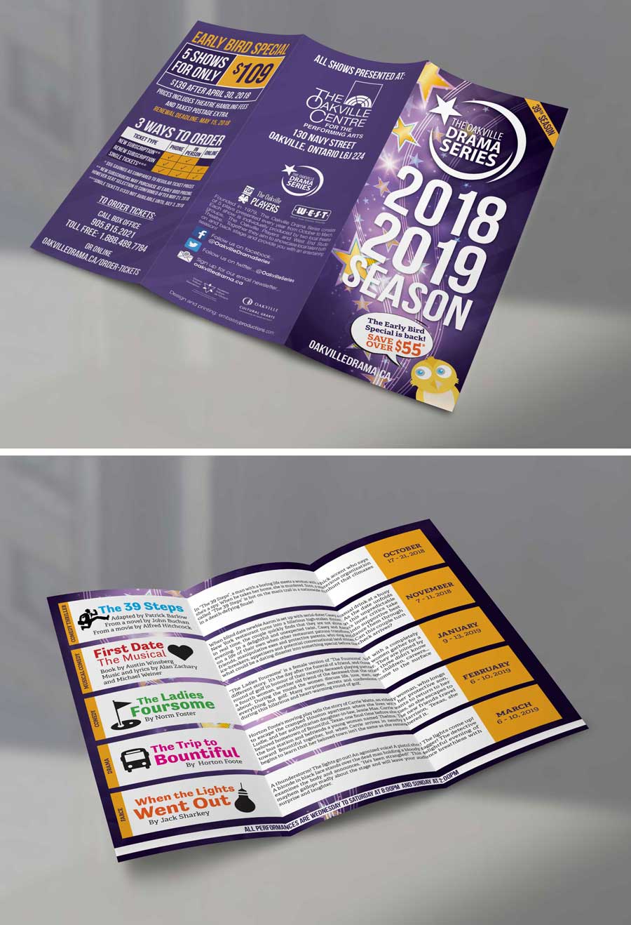 A brochure for the 2018 and 2019 season is sitting on a table.