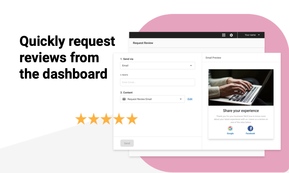A quickly request reviews from the dashboard with a picture of a person typing on a laptop.