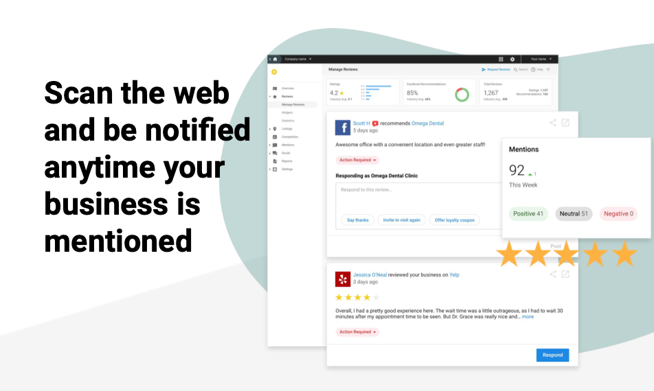 A screenshot of a website that says `` scan the web and be notified anytime your business is mentioned ''.