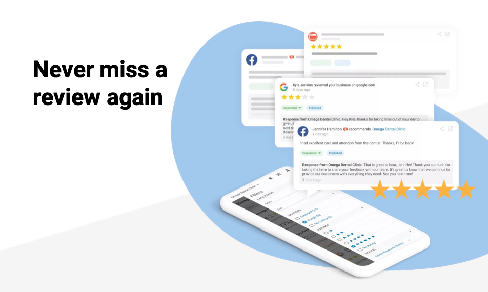 A cell phone with a bunch of reviews on it and the words `` never miss a review again ''.
