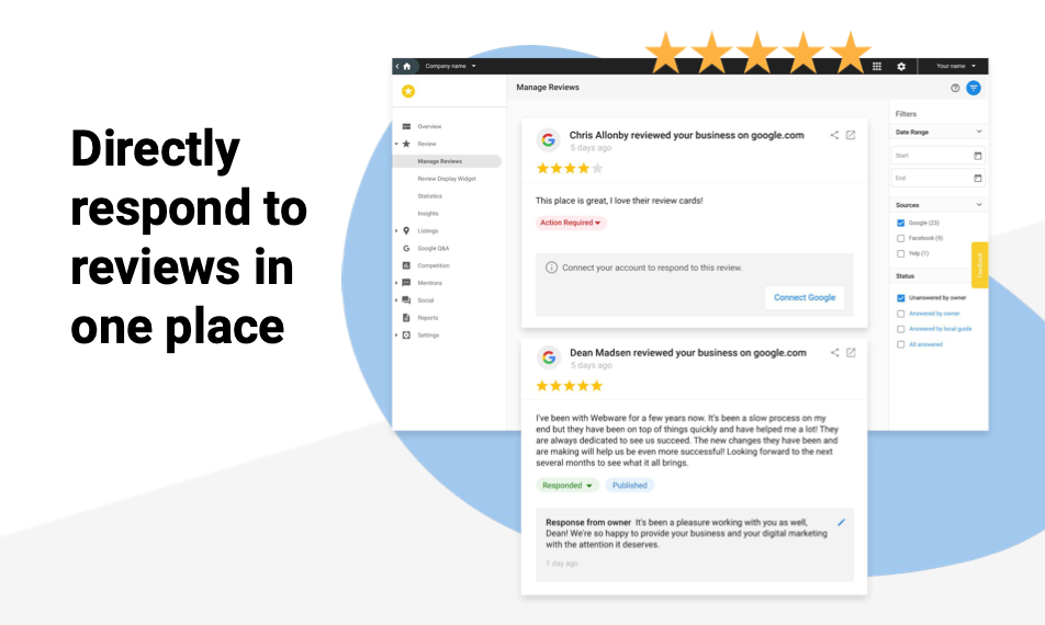 A screenshot of a website that says `` directly respond to reviews in one place ''.
