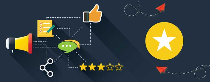 An illustration of a megaphone , a thumbs up , a speech bubble , and a star.