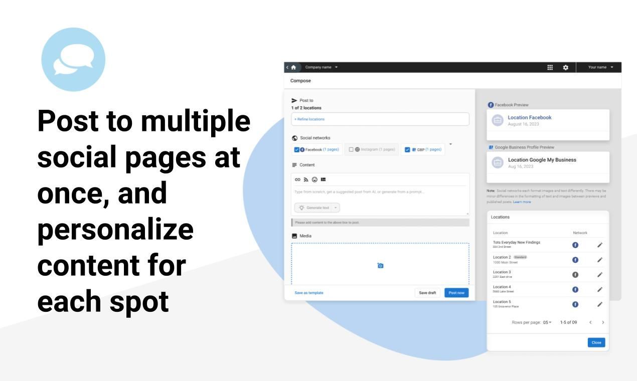 Post to multiple social pages at once , and personalize content for each spot.