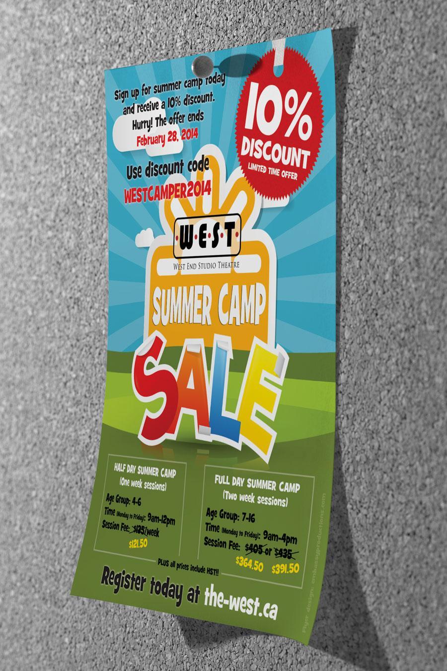 A poster for a summer camp sale is hanging on a wall.