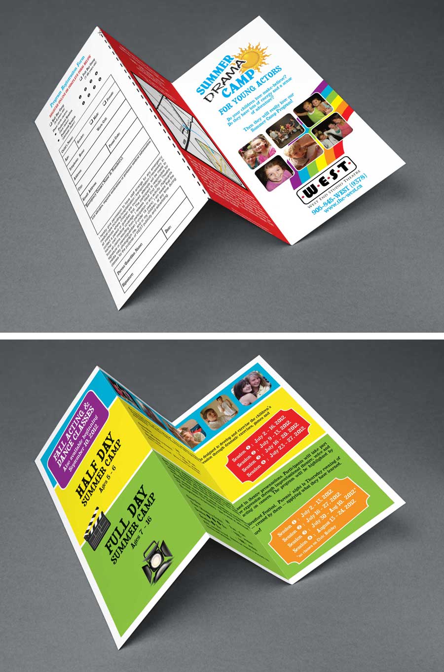 A brochure for a child 's summer camp is folded in half.