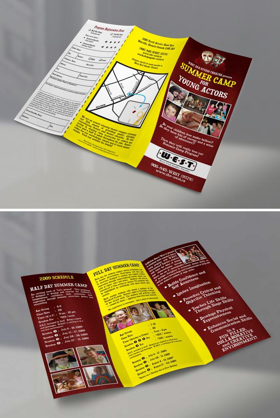 A red and yellow brochure is sitting on a table.