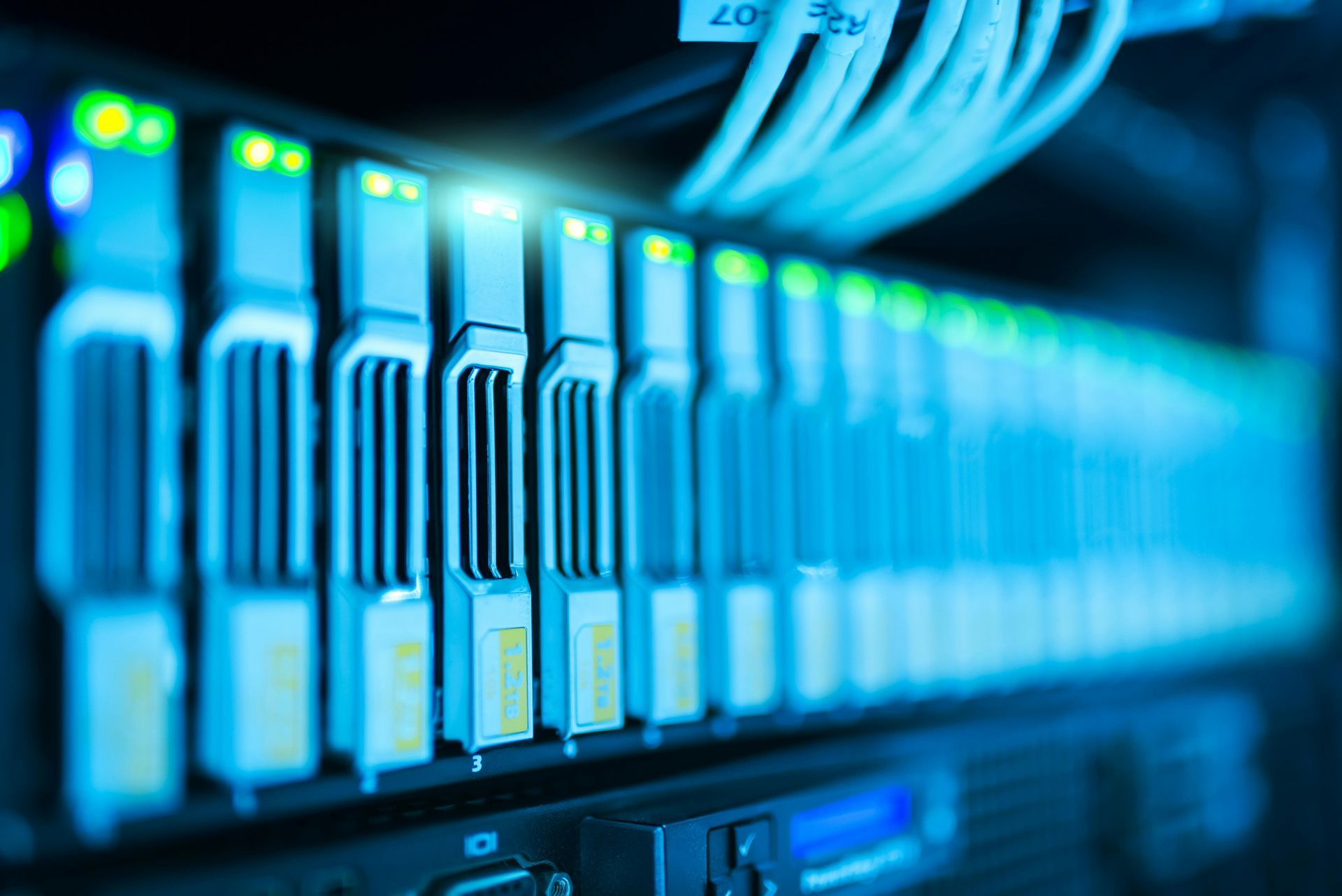 Blue-lit server rack with rows of network cables and indicator lights