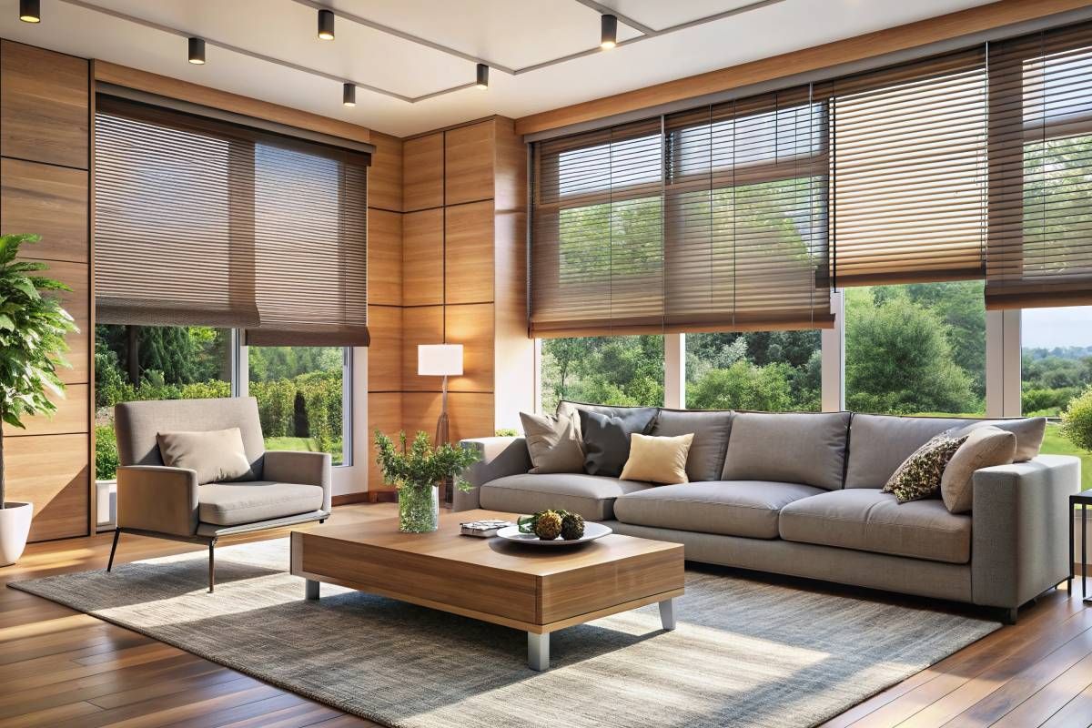 A modern living room with blinds and shades near Florence, Kentucky (KY) and West Chester Township, Ohio (OH)