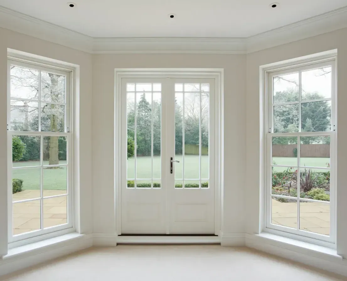 An empty room with lots of windows and a door